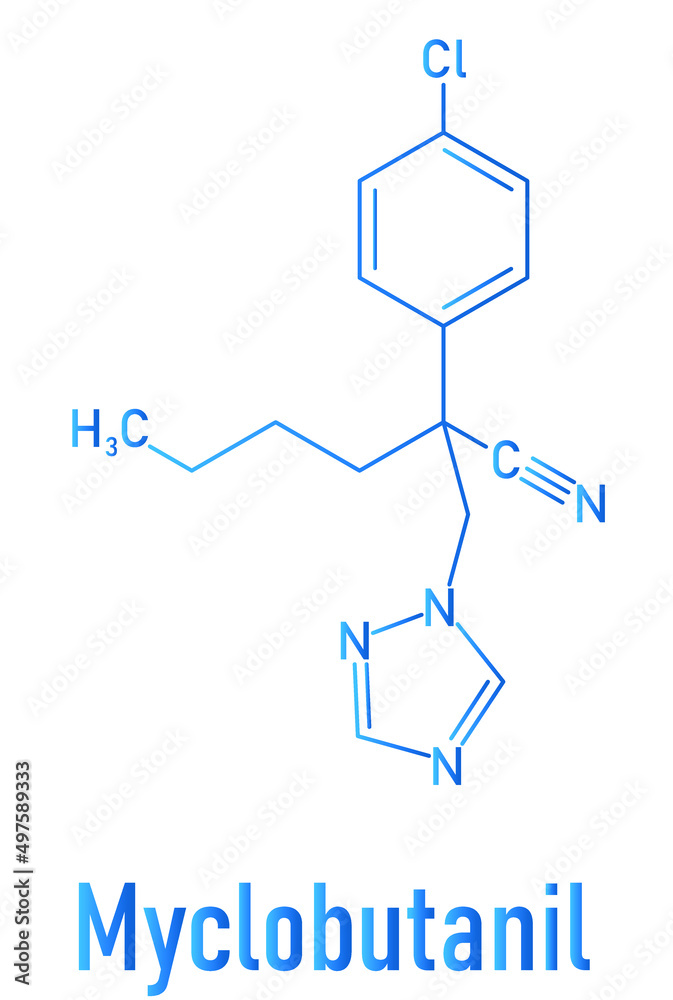 Myclobutanil antifungal molecule (triazole class). Skeletal formula. Myclobutanil antifungal molecule (triazole class). Skeletal formula.