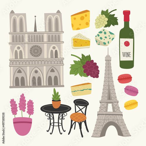 Traditional symbols of France, food and architecture. French cuisine. Paris landmarks: Eiffel Tower, Notre Dame Cathedral. Vector illustration: cheese, macaron, lavender, wine, grapes.