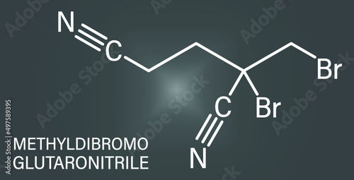 Methyldibromo glutaronitrile preservative molecule. Common allergen causing allergic contact dermatitis. Skeletal formula.