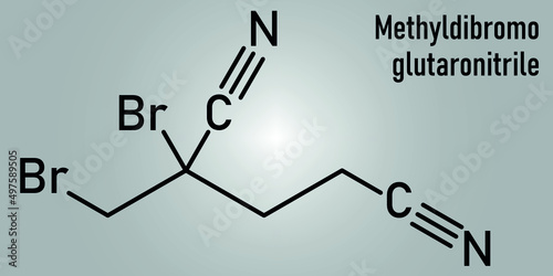 Methyldibromo glutaronitrile preservative molecule. Common allergen causing allergic contact dermatitis. Skeletal formula.