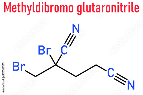 Methyldibromo glutaronitrile preservative molecule. Common allergen causing allergic contact dermatitis. Skeletal formula.