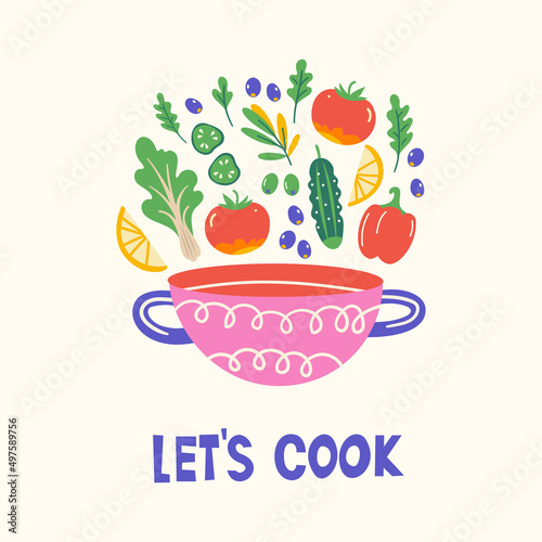 Culinary course poster concept. Scandinavian style illustration with pan and products. Text space. Copyspace concept for farm market, restaurant menu design, banner, cookbook page. Let's cook.