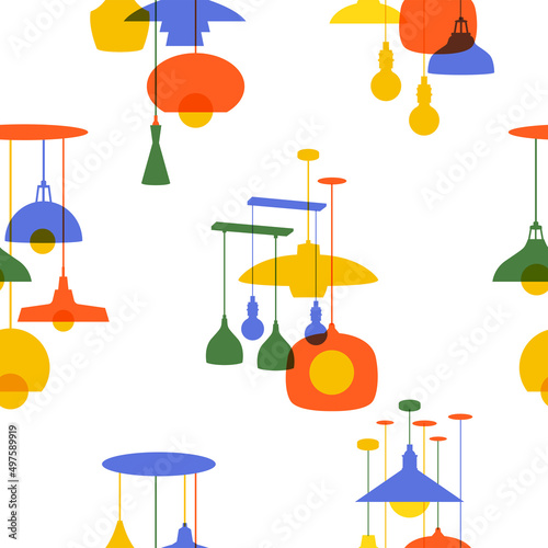Seamless pattern with chandeliers for the store with a modern design. Vector illustration with different luster. Lighting store. Home decor for interior decoration.