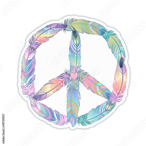 Peace sign made of colored bird feathers. Hippie symbol. Sixties Boho Style. Tribal Native American Indians Motifs. Design for T-shirt. Vector illustration.