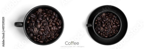 Black cup with coffee beans isolated on a white background.