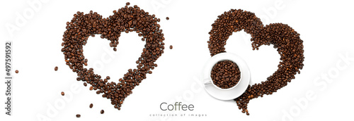 Heart made of coffee beans isolated on a white background.