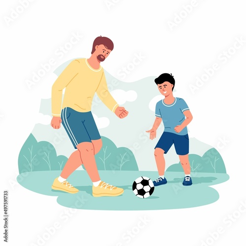 Smiling happy father and son having fun together playing football with soccer ball. Happy fatherhood and childhood concept. Vector trendy illustration