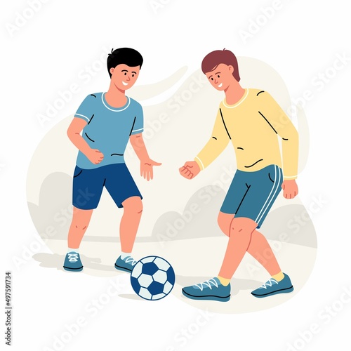 Two boys or teenagers play football, happy men playing soccer in the park isolated on white. Vector trendy illustration