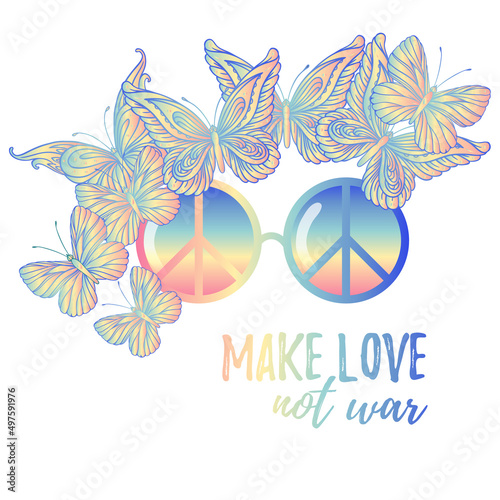 Hippie fashion sunglasses with peace sign. Vector illustration of Flower Child oisolated on white background. Boho chic style art. Fantasy, spirituality, occultism, tattoo art. Old colors.