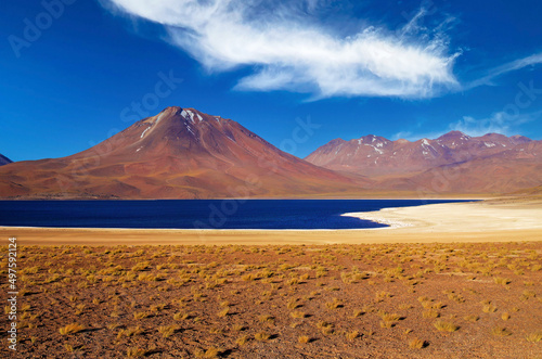 Scenic view on lonely dry arid valley with grass tufts, in andes mountains, altiplanic miscanti brackish deep blue water lake, volcano peak - Atacama desert, Chile photo