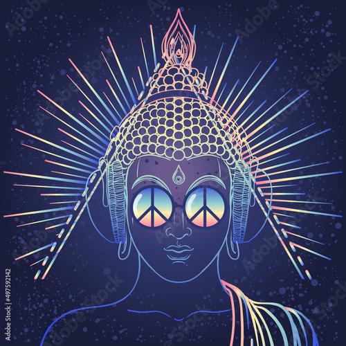 Peace and Love. Colorful Buddha in rainbow glasses listening to the music in headphones. Vector illustration. Hippie peace sign on sunglasses. Psychedelic concept. Buddhism, trance music. Esoteric art