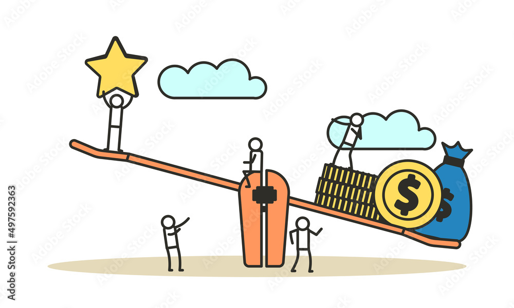 Success star with balance weight scale vector concept illustration. Man and woman flat feedback background evaluation best rating customer. Achievement character award work dream. Job goal creative Success star with balance weight scale vector concept illustration. Man and woman flat feedback background evaluation best rating customer. Achievement character award work dream. Job goal creative