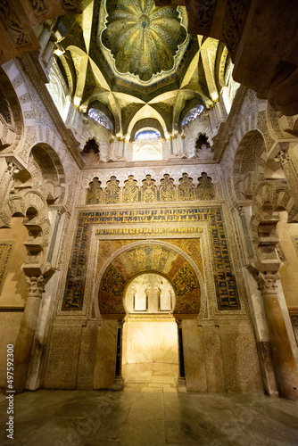 Photography Medieval moorish architecture, colorful walls with ornament in old mosque in Cor