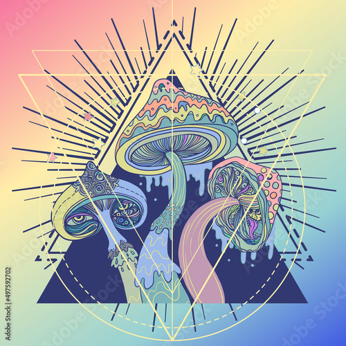 Magic mushrooms over sacred geometry. Psychedelic hallucination. Vibrant vector illustration. 60s hippie colorful art for sticker or patch.