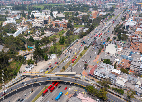 Highway with traffic and elevated bridges in one of the busiest areas of the Colombian capital. Bogotá. Colombia.