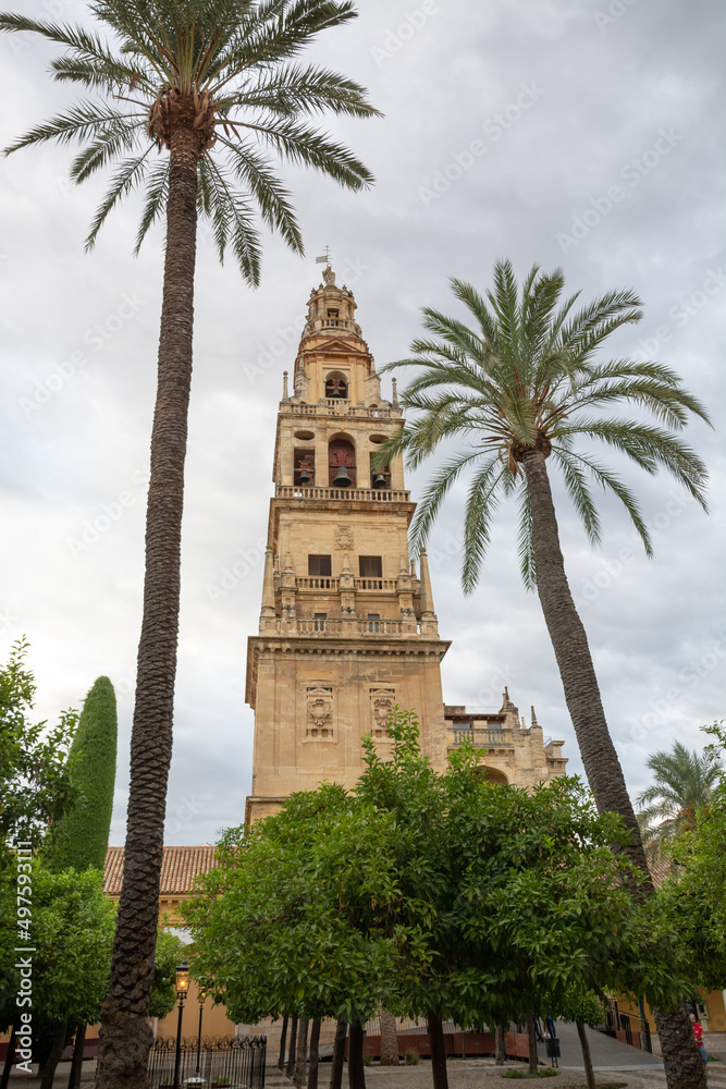 Medieval tower and garden in old mosque in Cordoba, Andalusia, Spain