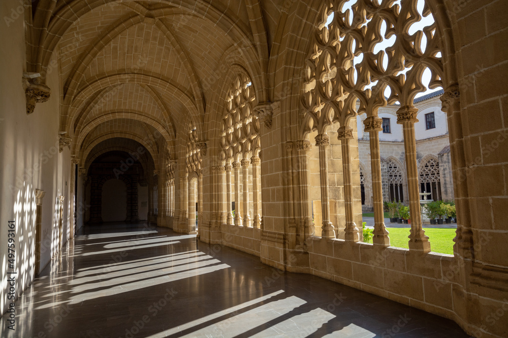 Architectural details of gothic arches in Jerez de la Frontera, sunlight and shadow, Andalusia, Spain