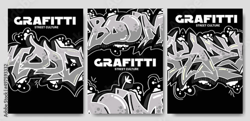 Collection of trendy vector posters with graffiti and splatter elements on isolated background