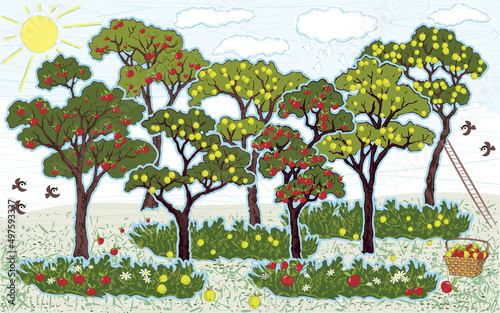 'Vector applique' of apple trees in the garden