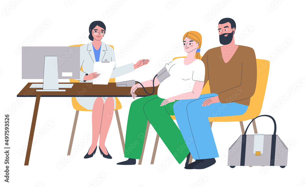 Young pregnant woman at the doctor's office. The husband and his pregnant wife consult a doctor. Planned pregnancy. Flat vector illustration. Eps10