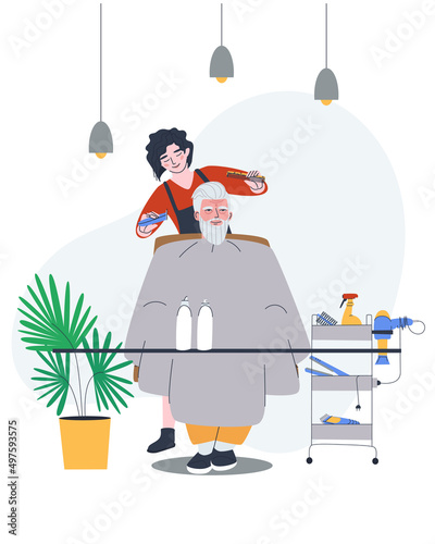 Girl hairdresser cuts an elderly male client. Working in a barbershop. Flat vector illustration. Eps10