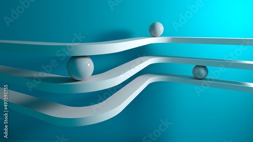 Fototapeta Naklejka Na Ścianę i Meble -  White spheres on curved lanes over blue wall, 3d