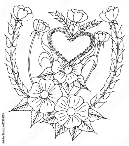 Hand-drawn flowers and leaves are isolated on white. Tattoo design, coloring page, wedding decoration, monochrome vector line art a lovely floral creation in the style of the past