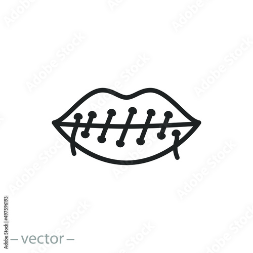 no freedom of speech icon, at person has sewn lips, censorship violence, infringement right human to speak, thin line symbol on white background - editable stroke vector illustration