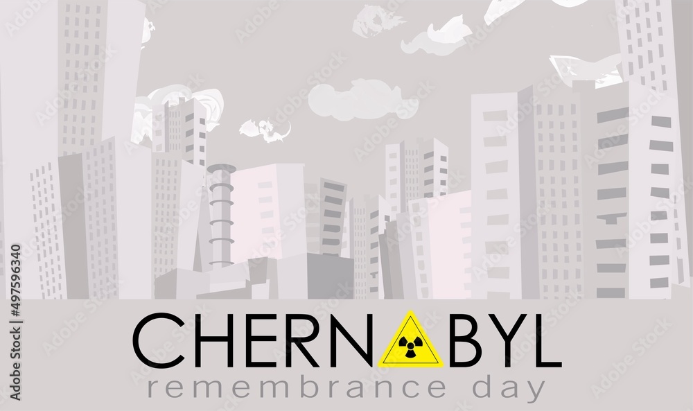 Poster Chernobyl. April 26 is the day of memory of the victims of Chernobyl. The explosion of a nuclear reactor in Ukraine. City of Pripyat. Yellow sign of radiation