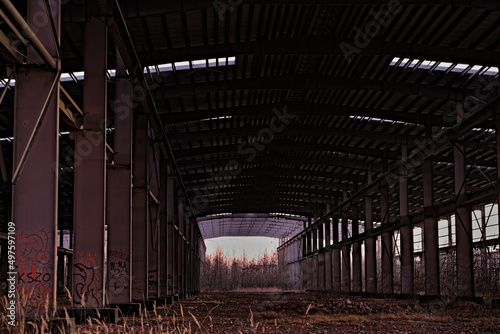 Stalowa konstrukcja ( szkielet) hali przemysłowej której budowy nie dokończono , porzucona i opuszczona .