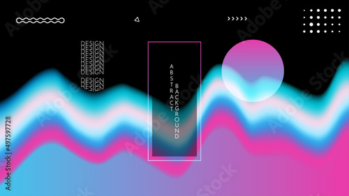 Vector illustration. Abstract surreal liquid panoramic wallpaper. Colorful background. Liquid color flow. Concept of landscape mountain with sunset. Memphis pattern. Geometric shape. Website design