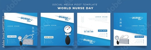 Set of social media post template in blue square background with blood pressure for nurse day design