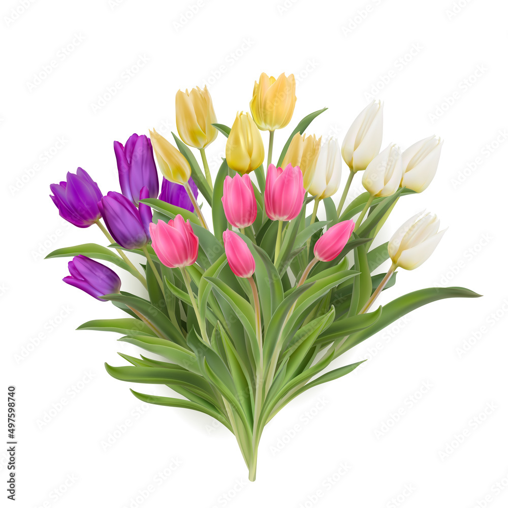 Fototapeta premium Multicolour bouquet of tulips realistic 3d vector illustration. Yellow, white, pink, purple tulips with leaves isolated on white. Women day 8 march spring symbol. Bouquet fresh shiny tulips 