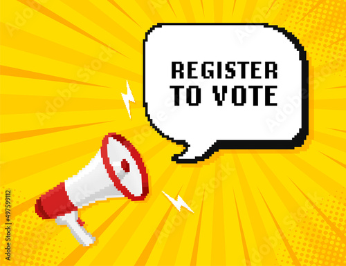 Megaphone, business concept with text register to vote. Pixel styleillustration. Vector stock illustration