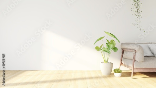 Wall mockup in a living room, comfortable sofa and interior decoration with ornamental plants. 3d rendering, interior design, 3d illustration