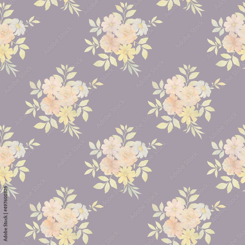 Seamless floral pattern. Ornament of delicate bouquets of flowers. Watercolor illustration of flowers for design, textiles, wallpapers. ready-made seamless background.