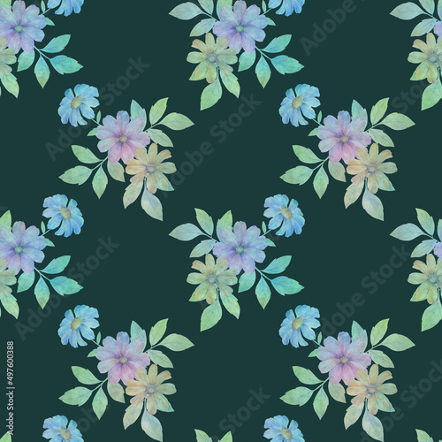 Abstract watercolor illustration with flowers. Watercolor flower prints with leaves repeating seamless pattern. endless motif for textile decor  wallpaper  wrapping paper packaging and design