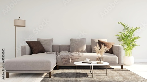 Wall mockup in a living room with an ornamental plant, decorated table, comfortable sofa and a floor lamp. 3d rendering, interior design, 3d illustration © R I M O N T