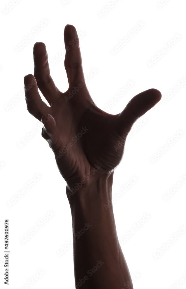 Silhouette of male hand holding something on white background Silhouette of male hand holding something on white background