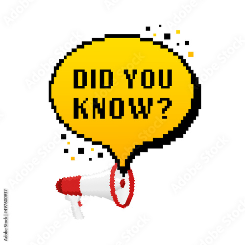 Did you know question. Badge with megaphone icon. Pixel style illustration on white background