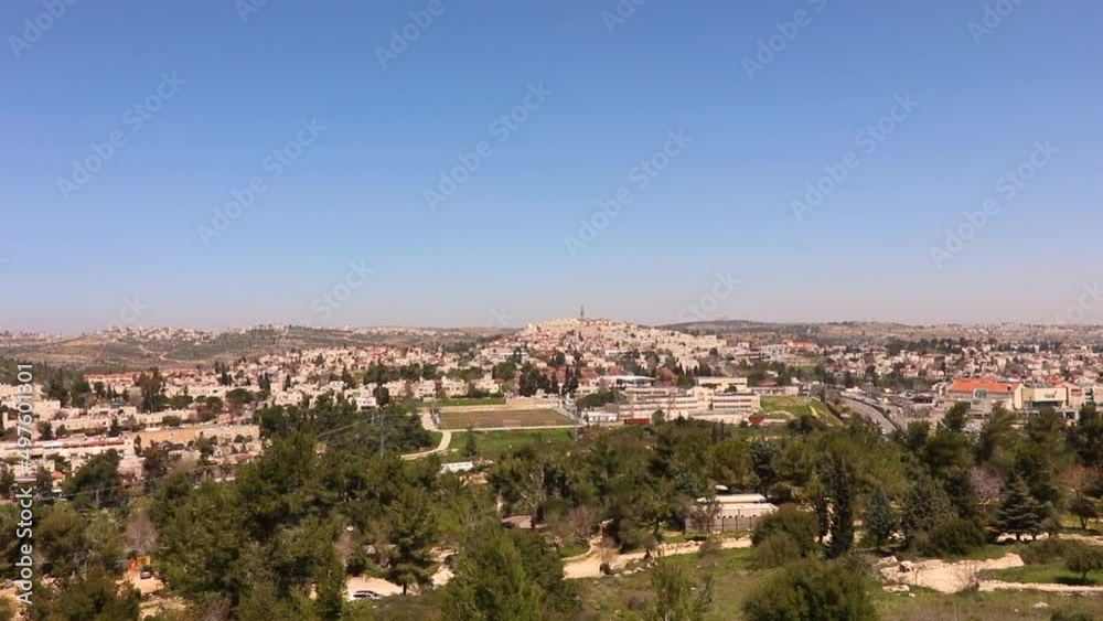 A panoramic view of the Jerusalem mountains and the western neighborhoods of the city, from the observatory in the Castel National Park A panoramic view of the Jerusalem mountains and the western neighborhoods of the city, from the observatory in the Castel National Park