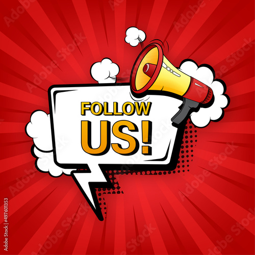 Follow us megaphone on white background for flyer design. Vector illustration in pop style
