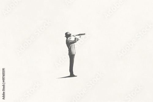 Illustration of man with telescope observing the future, business concept photo