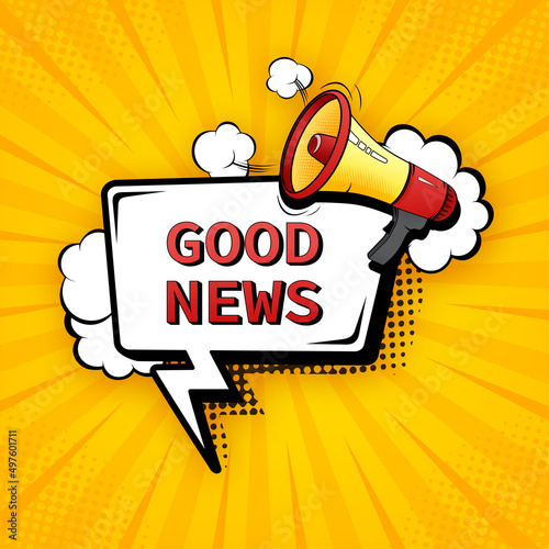 Good news megaphone on yellow background for flyer design. Pop style illustration. Vector illustration in flat style.