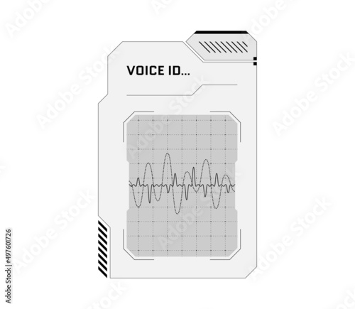 HUD digital futuristic user interface voice recognition panel. Sci Fi high tech protection black and white screen. Gaming menu biometric id audio dashboard. Cyberspace speaker identification. Vector