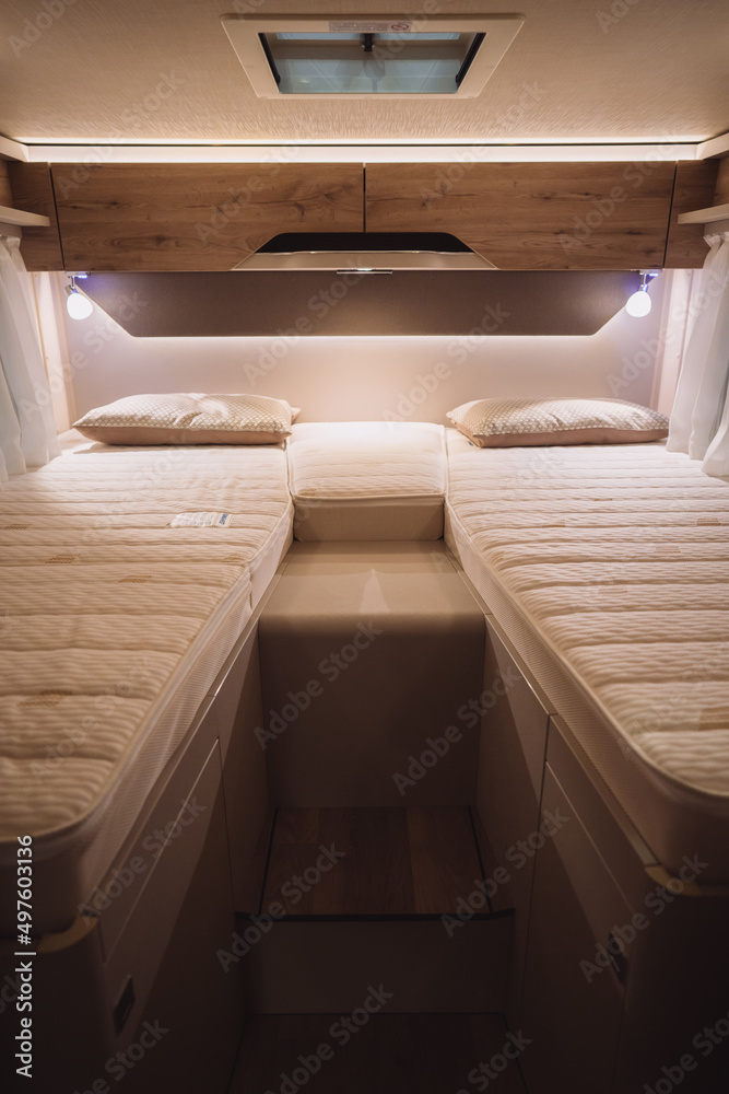 Bed inside a new luxury camper van motorhome Bed inside a new luxury camper van motorhome