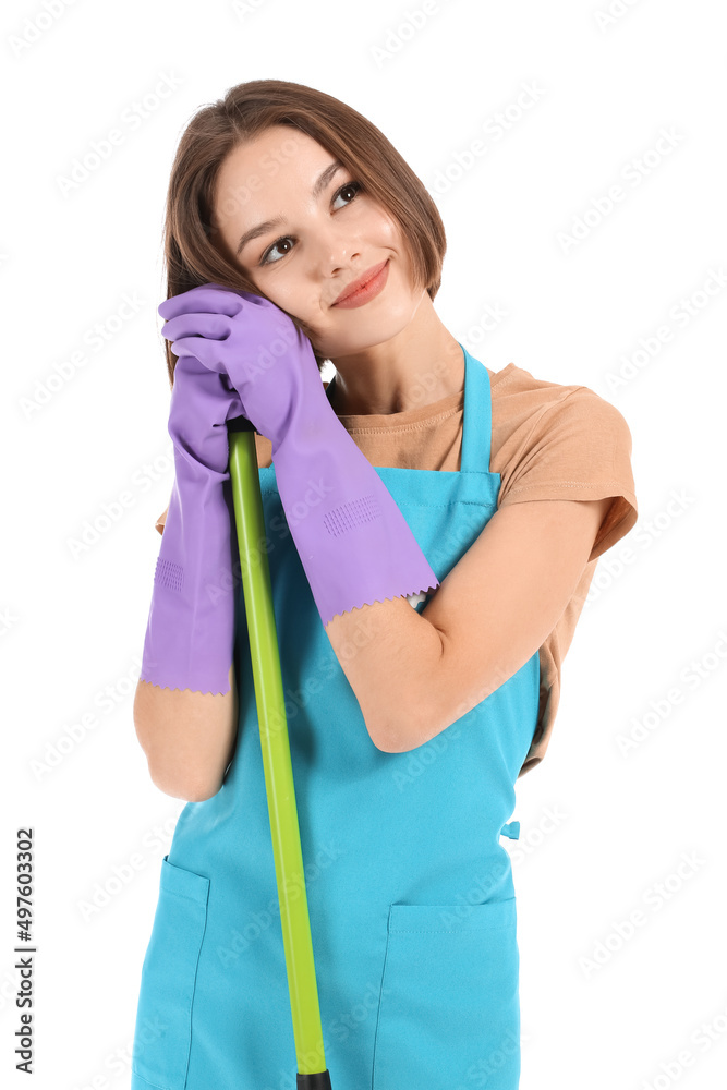 Beautiful young woman with floor mop on white background Beautiful young woman with floor mop on white background