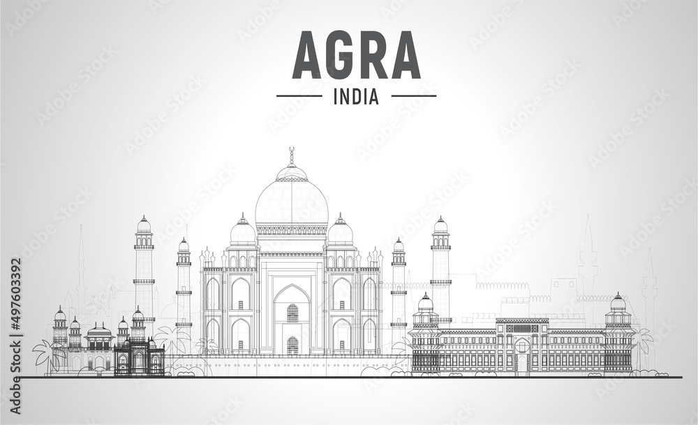 Agra India skyline with panorama in white background. Vector Illustration. Business travel and tourism concept with modern buildings. Image for banner or website.