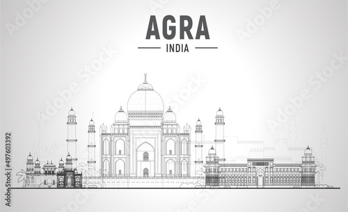 Agra India skyline with panorama in white background. Vector Illustration. Business travel and tourism concept with modern buildings. Image for banner or website.