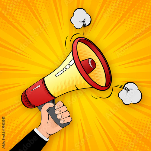 Pop style banner with megaphone on yellow background. Art collage banner. Vector background